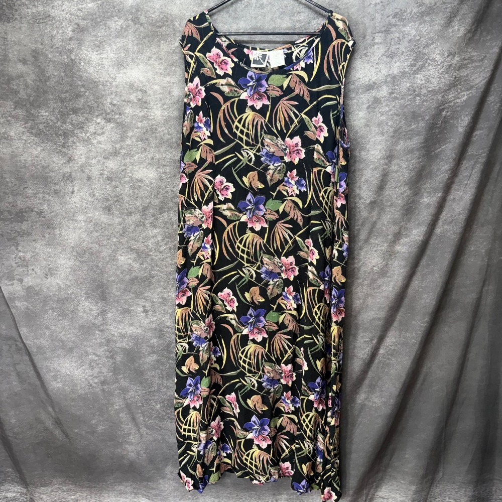Phool Vintage 90s Floral Rayon Maxi Dress Womens 2X Black Pink Tropical Vacay